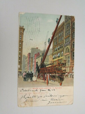 J1143 Postcard Hook & Ladder in Action fire department 