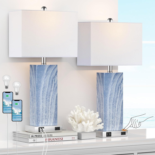 Touch Table Lamps Set of 2, Modern Ceramic Bedside Lamp with 2 USB - Picture 2 of 8