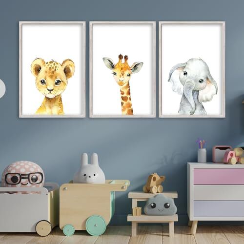 Baby Safari Nursery Wall Art Decor 11x16 Inch Set of 3 Wood Framed Cute Animal - Picture 7 of 7