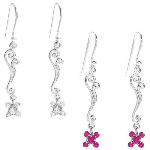 925 Sterling Silver Swirls & 0.84 Carat CZ Flower Hanging Earrings - Picture 1 of 9