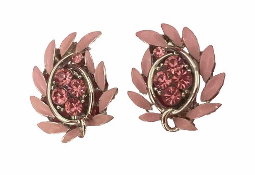 Vtg 1960's LISNER Pink Enamel & Crystal Clip On Earrings Signed Couture Runway