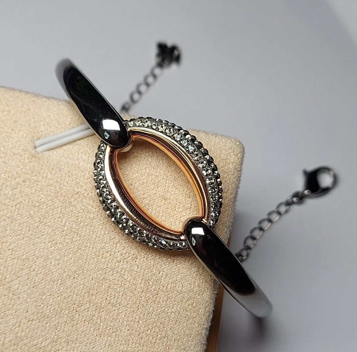 Bracelet Gourmette Large Souple Argent Et Noir - Avec Cristaux Type Diamant, Occasion, Modèle /133