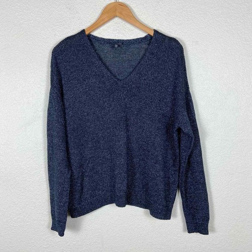 Eileen Fisher V-Neck Sweater Pullover Shimmer Linen Knit Blue Silver Size M $268 - Picture 2 of 8