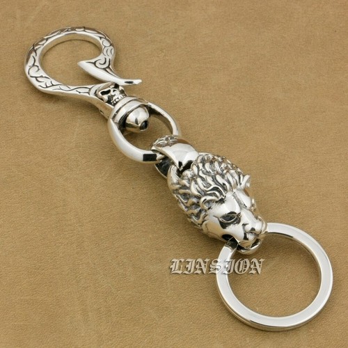 925 Sterling Silver Lion Skull Hook Keychain Biker Punk Keyring Belt Clip 9T020D - Picture 3 of 9