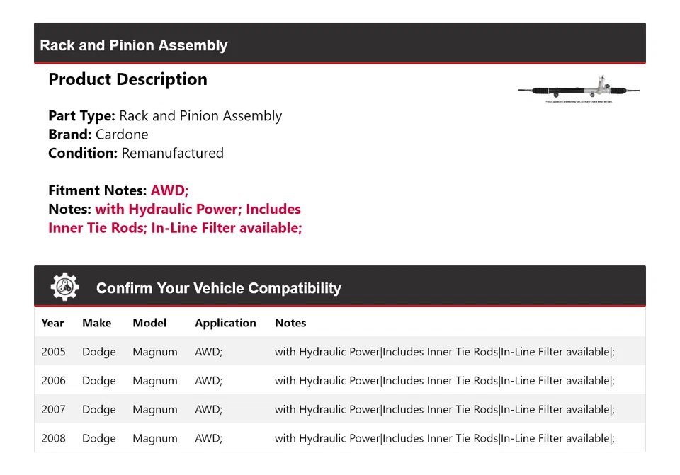 Para Dodge Magnum 2005-2008 AWD montaje de cremallera y piñón Cardone 2006 2007 Foto 2 de 4