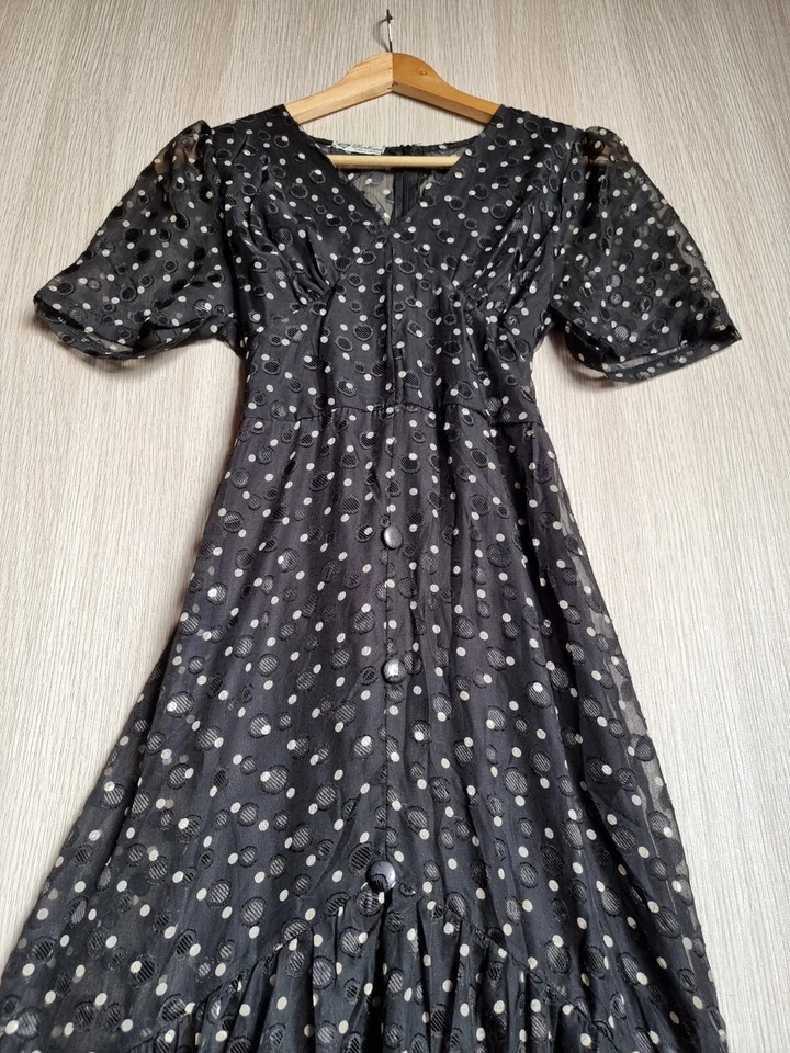 Vestido Retro Lunares Talla 8 Etiqueta Vietnamita Negro Mujer Moda Transparente Foto 3 de 4