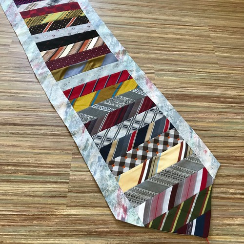 Recycled Neck Tie Patchwork Fabric Table Runner Home Made 15.5x62" Striped - Picture 3 of 7