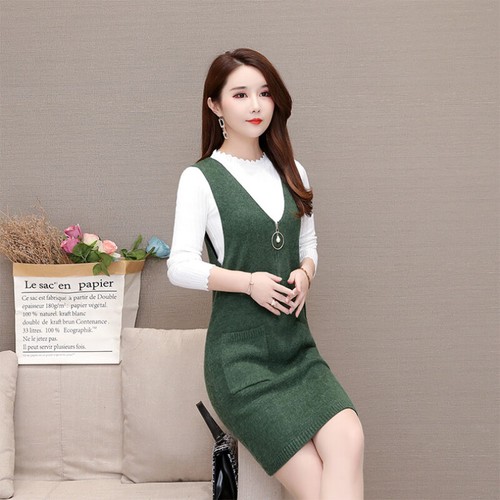 Women V-Neck Knit Sweater Dress Long Sweater Vest Pullover Slit with Pockets - Picture 7 of 15