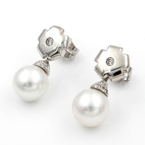 Castellano Jewels Pendientes Mujer con Diamantes y Perlas Blancas en Oro de Ley - Picture 2 of 4
