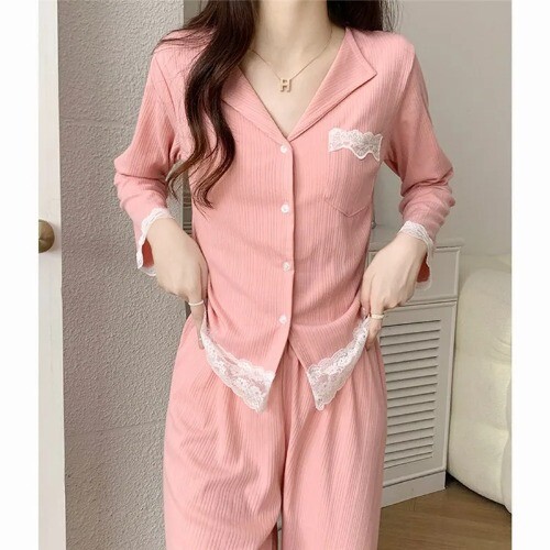 Neu Loungewear Pyjama Damen V-Ausschnitt Langarm Hose Set Spitze Baumwolle Nachtwäsche - Bild 7 von 20