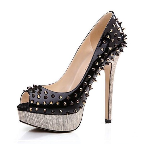 Womens Ladies Punk Spike Peep Toe Platform Super High Heel Party Court Shoes - Bild 1 von 5