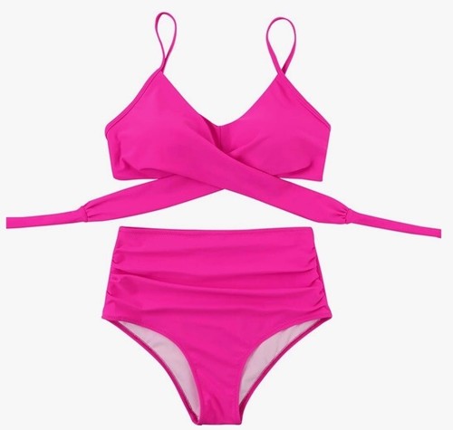 WOMEN'S HOT PINK WRAP BIKINI SET PUSH UP HIGH WAISTED 2 PIECE SWIMSUIT SIZE XL - Picture 3 of 7