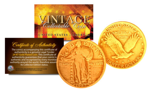 1916-1930 Original 24K Gold Plated Standing Liberty Pure Silver Us Quarter Coin