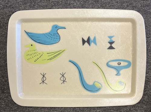 Vintage Fiberglas Tablett Vogelmotiv Grafik Mid Century Modern 22 Zoll x 15,5 Zoll