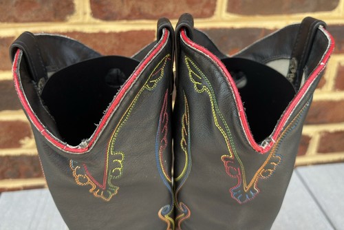 Vintage ACME Cowboy Boots Rainbow Embroidered Stitched Black Leather Womens 7 - Foto 8 di 11