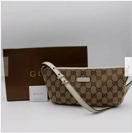 Auth GUCCI GG Pouch Shoulder Bag Beige Gold Canvas Leather 190393