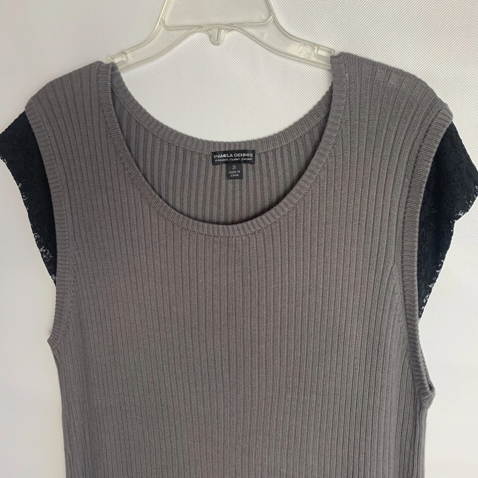 Pamela Dennis Womans Ribbed Cap Lace Short Sleeve Sweater Gray Plus Size 2X - Imagem 2 de 4