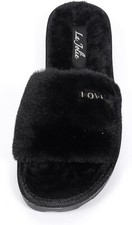 La Jolie - Black Faux Fur Slide Sandal Women Slippers House Shoes SZ 9
