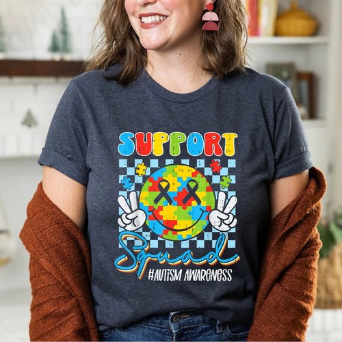 Support Squad Autism Awareness Smile Face Boys Girls Kids Unisex TShirt,T-Shirt - Picture 19 of 21
