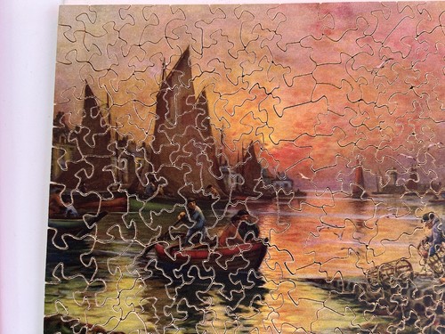 VINTAGE WOOD JIGSAW PUZZLE FISHERMANS HAVEN GEORGES MARONIEZ FRENCH ARTIST BOATS - Picture 6 of 9