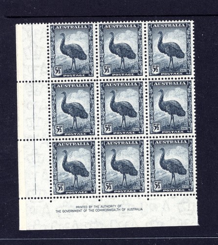 1942 Australia 5 1/2d Pre-Decimal Emu Bird Imprint Block of 9 MNH