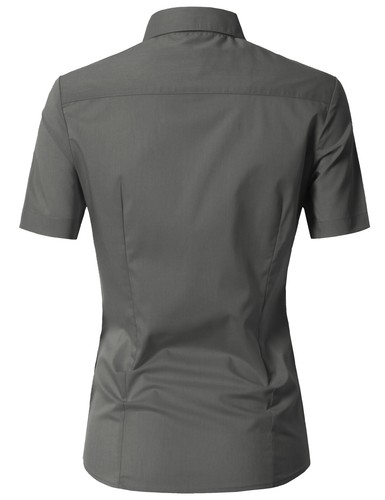 Womens Button Down Shirt Basic SLIM FIT Simple Short Sleeve Collared V-NECK S08 - Foto 42 di 95