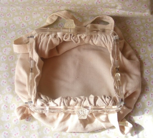 40s Purse Lucite & Linen Pouch Bag WWII War Years Cream Double Handle Vintage - Picture 10 of 17