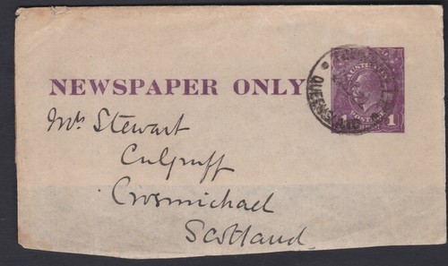 1922 1924 Australia KGV 1d Violet Newspaper Wrapper Front Pieces QLD to Scotland - Picture 3 of 5