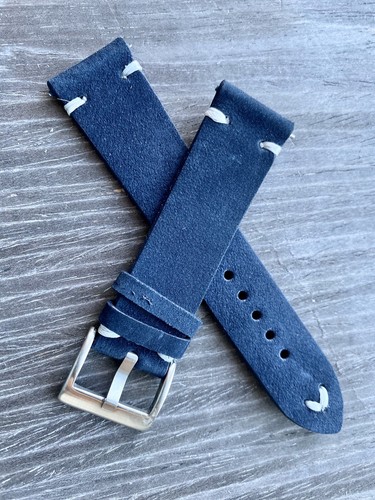19mm BLUE Nubuck Vintage Leather Watch Strap Band White Stitch Quick Ship - Picture 4 of 12