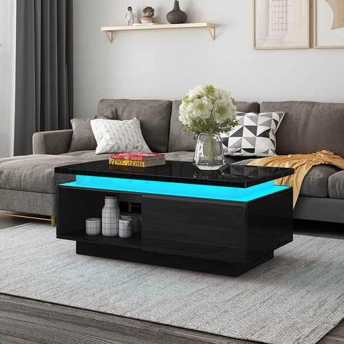 Coffee Table LED Lighted Storage Cabinet High Gloss 2 Drawers Furniture Black - Picture 6 of 9