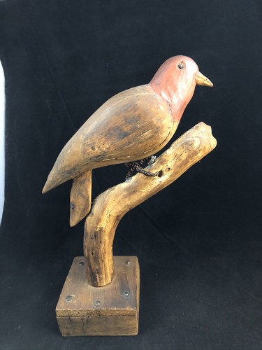 HAND Carved Paint Decorated FOLK ART BIRD On BRANCH Weighted Base 1930’s - Picture 5 of 12