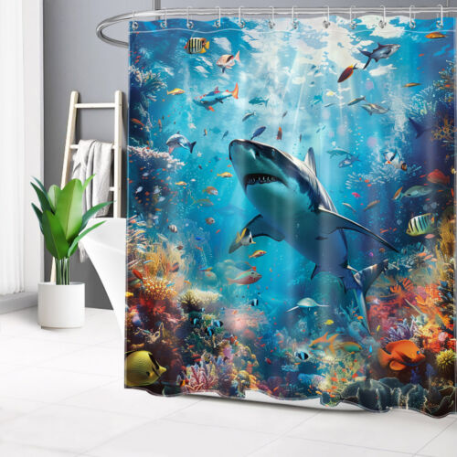 Set tenda doccia squalo blu sotto i mari animali oceanici per arredamento bagno - Foto 5 di 21