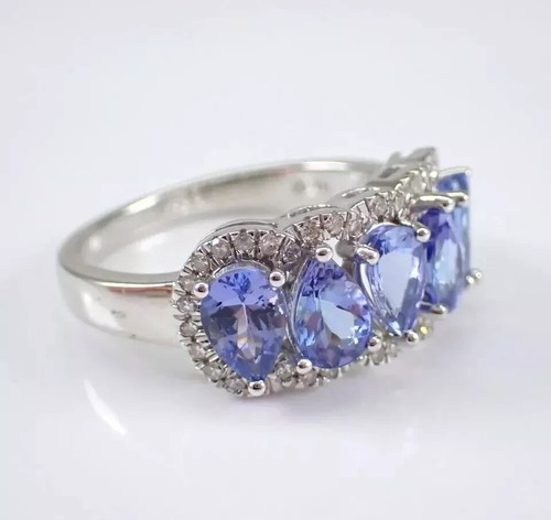 2Ct Pear Cut Lab Created Tanzanite Band Engagement Ring 14K White Gold Plated - Picture 5 of 6