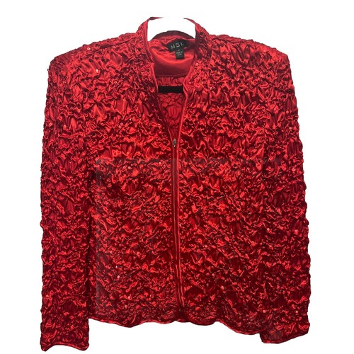 MSK Women’s Red Satin Sequin Quilt Crinkle Zipper Long Sleeve Jacket Size Medium