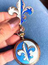 ANTIQUE SWISS 925 STERLING BLUE GUILLOCHE ENAMEL FLEUR DE LIS LAPEL POCKET WATCH