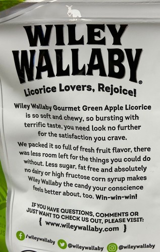 Wiley Wallaby Green Apple Licorice - Soft & Chewy Vegan Fat Free - 5 - 10oz Bag - Picture 2 of 4