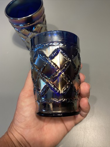Dugan Grapevine And Lattice Blue Carnival Tumblers (2) Rare! - Picture 12 of 16
