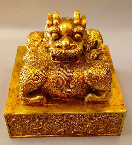 6" Old Chinese Copper 24K Gold Gilt Dynasty Word Dragon Seal Stamp Signet
