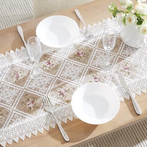 White Farmhouse Table Runner with Flower Design. 36 Inch Dining Table Runner - Picture 1 of 3