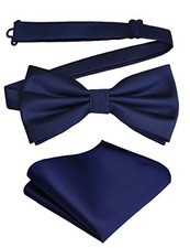 Branduce Mens Solid Color Double Fold Pre-tied Bow Tie and Pocket Navy Blue
