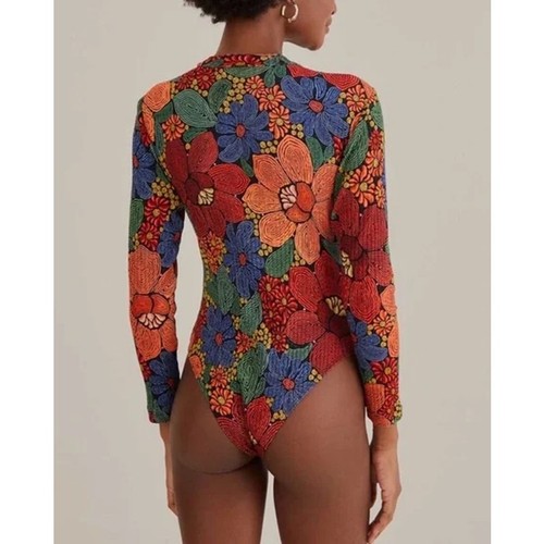 Farm Rio Stitched Flowers Long Sleeve Bodysuit Floral Mock Neck Ribbed, Size L - Picture 2 of 12