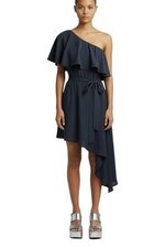 Zimmermann Sueded One Shoulder Dress | Navy, Silk, High/Low, Asymmetric, Belt