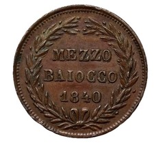 1/2 Mezzo Baiocco Roma 1840 Vaticano Gregorio XVI Stato Bontificio. rame