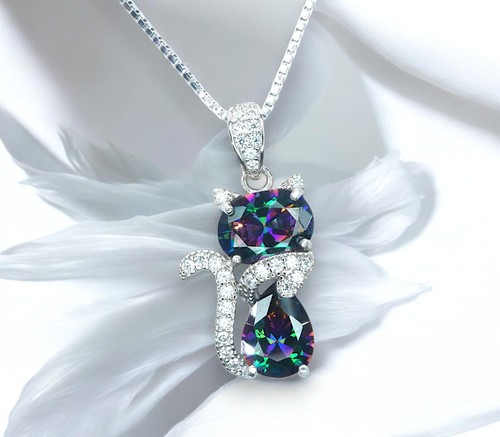 Cat Rainbow Mystic Topaz Necklace - Diamond Cat Kitty Pendant - White Gold Co... - Bild 4 von 9