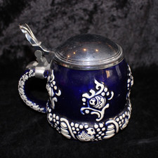 Antiker Bierkrug Zinndeckel Glasiert Westerwald Marzi & Remy 2965 Art Deco