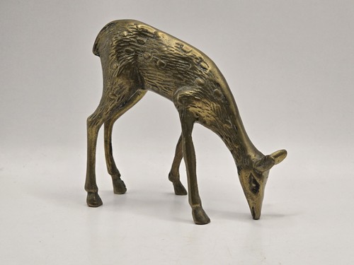 VTG-MCM Solid Brass Deer Doe Fawn Grazing Eating Decor Figurine Sculpture 4.5" - Picture 1 of 5