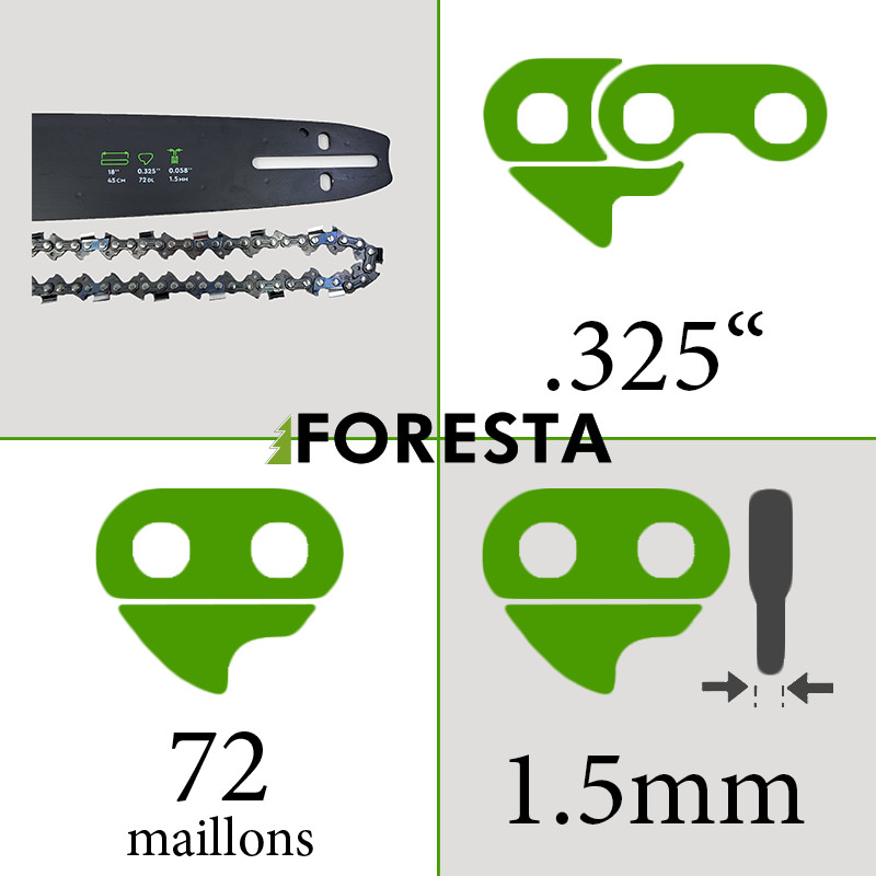 Guide et chaîne de tronçonneuse 45cm 72 maillons pas 0.325 jauge 0.058