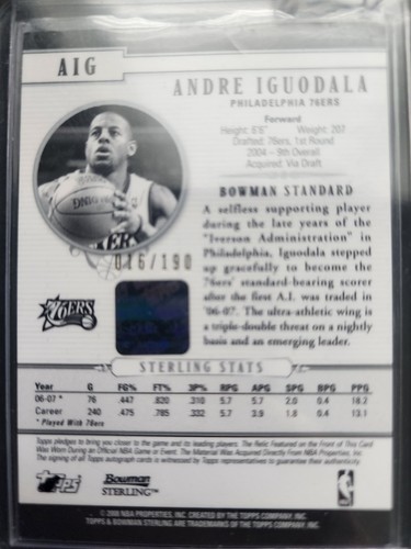 2007-08 Bowman Sterling /190 Andre Iguodala Auto - Picture 2 of 2
