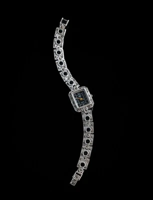 Art Déco Silberuhr 925 Sterling Silber Markasit Schwarz Rechteckig Vintage 17 cm - Bild 1 von 4