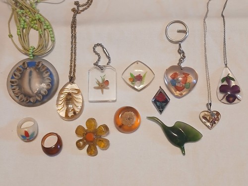 Vintage MCM Plastic Lucite Acrylic Key Chains, Pendants, Pins & Rings (13) pcs